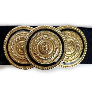 Nan Lewis Wide Belt Oversized Gold Medallion + Navy Stretch Strap